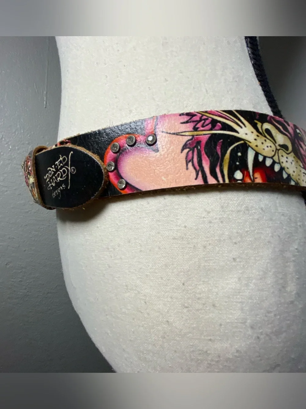 Y2K Ed Hardy Black Pink Yellow Tiger Branded Rhinestone Belt Size Small